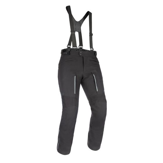 Black long motorcycle trousers with adjustable suspenders, featuring reflective strips, multiple pockets, and reinforced knee panels for durability and safety.