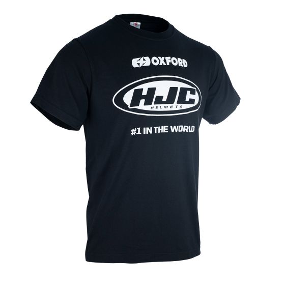 Black cotton Oxford HJC T-shirt in medium size featuring a bold white logo and text "#1 IN THE WORLD" on the front.