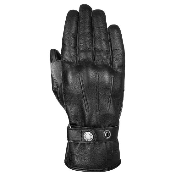 Black leather motorcycle glove featuring a sleek design, reinforced stitching, and a snap closure with a metal button for secure fit.