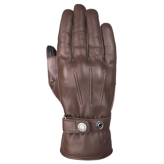 Brown leather motorcycle glove featuring a sleek design, reinforced knuckles, and a snap closure for a secure fit.