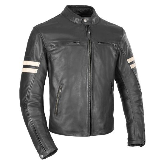 Black leather motorcycle jacket featuring a zip front, two zippered pockets, and contrasting white stripes on the sleeves for a stylish and functional design.