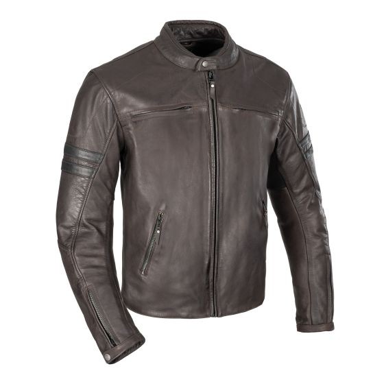 Brown leather motorcycle jacket featuring a classic design, zippered front, two side pockets, and subtle black stripes on the shoulders, available in XL size.