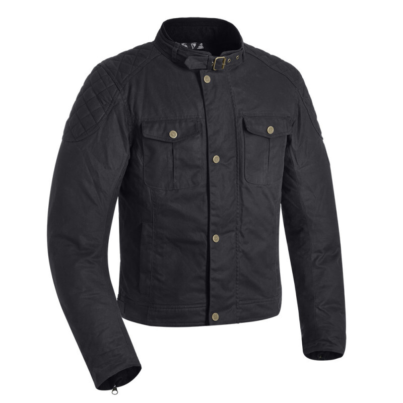 Black Oxford Holwell 1.0 MS motorcycle jacket in 5XL, featuring a quilted shoulder design, snap-button collar, and multiple front pockets for functionality.