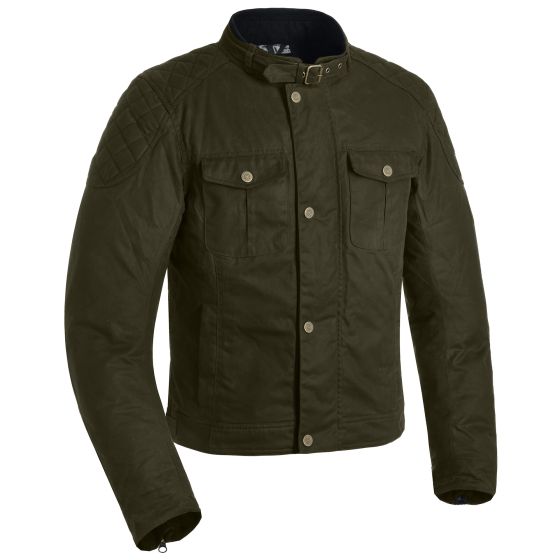 Green Oxford Holwell 1.0 MS motorcycle jacket featuring a quilted shoulder design, two front pockets, and a snap collar, made from durable material for protection.