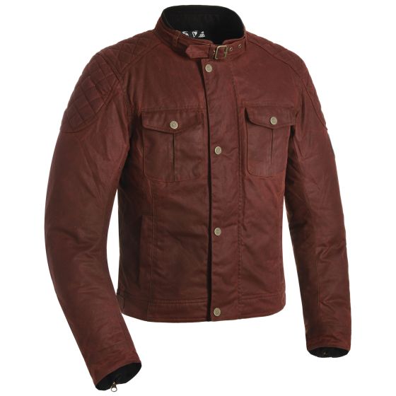 Red Oxford Holwell 1.0 MS motorcycle jacket made of durable material, featuring a quilted design, two front pockets, and a snap closure at the collar.