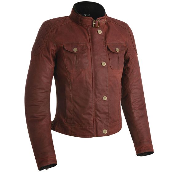 Red leather Oxford Holwell 1.0 ladies motorcycle jacket featuring a high collar, snap buttons, and two front pockets with flaps.