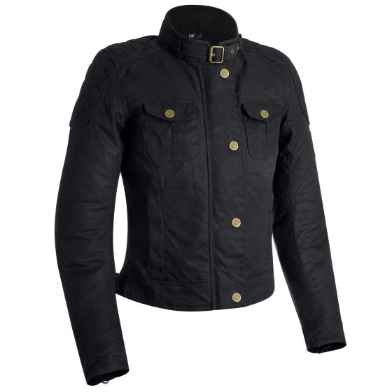 Black wax-cotton textile jacket for women by Oxford, featuring a high collar, gold buttons, and two front pockets, designed in size 46.