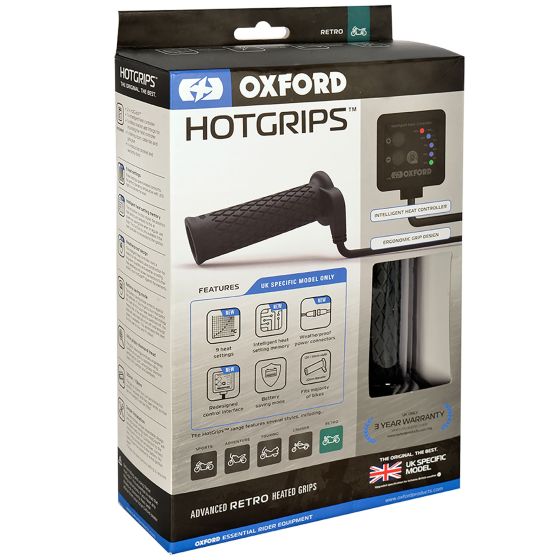 Black rubber heated grips with a textured surface, featuring a digital controller with LED indicators, packaged in a branded box with various feature icons and a UK flag.