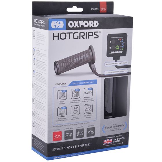 Black rubber heated grips with textured surface, featuring Oxford branding, a digital controller, and packaging highlighting advanced sports features and a three-year warranty.