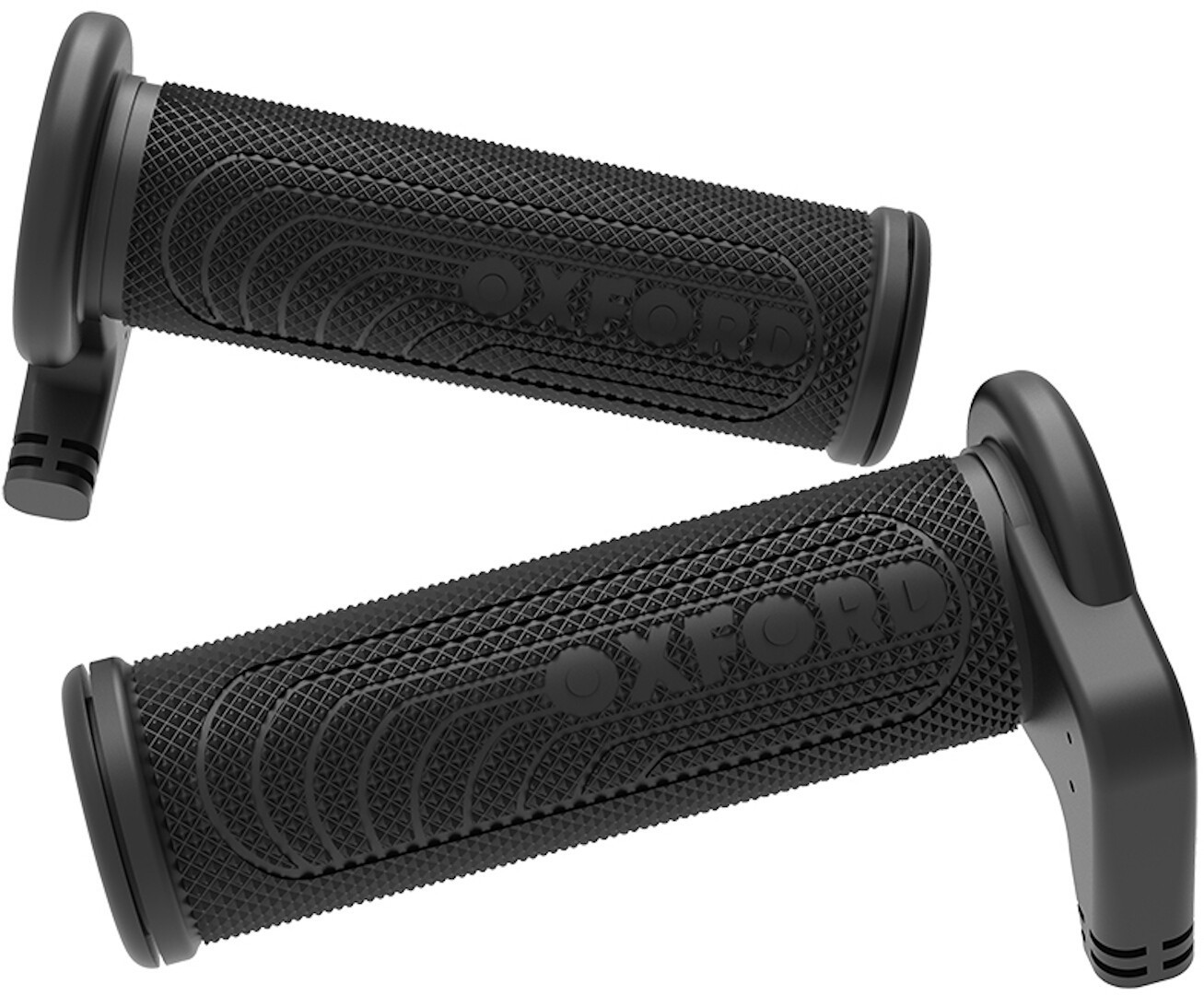 Black rubber heated grips with a textured surface and the "OXFORD" logo, designed for enhanced grip and comfort on motorcycles.