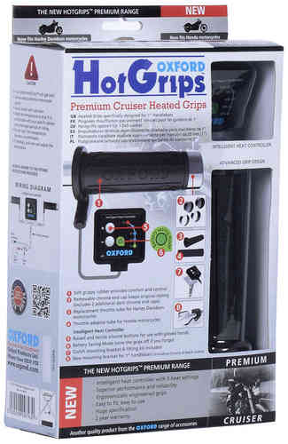 Black rubber heated grips with a textured surface, featuring a red and green control unit, and various mounting accessories, all packaged in a colorful box labeled "Oxford HotGrips Premium."