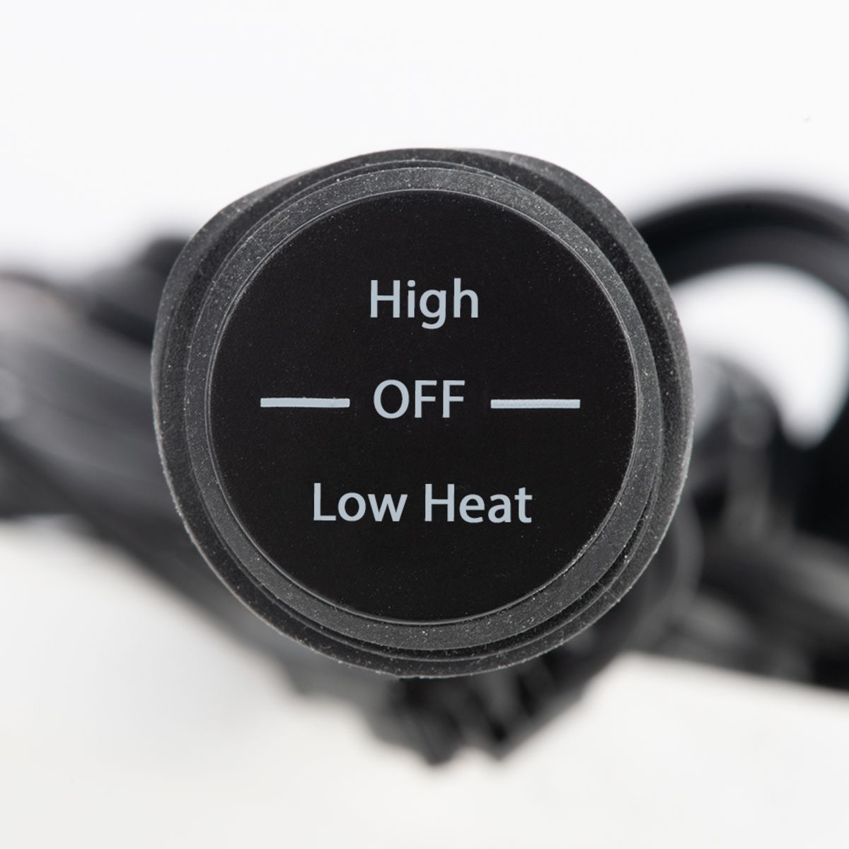 Black circular panel mount switch with "High," "OFF," and "Low Heat" labels, designed for Oxford scooter hotgrips, featuring a durable plastic casing and multiple wires attached.
