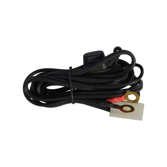 Black wiring loom with connectors, featuring a round terminal and a flat connector, designed for Oxford Hotgrips, neatly coiled for easy storage.