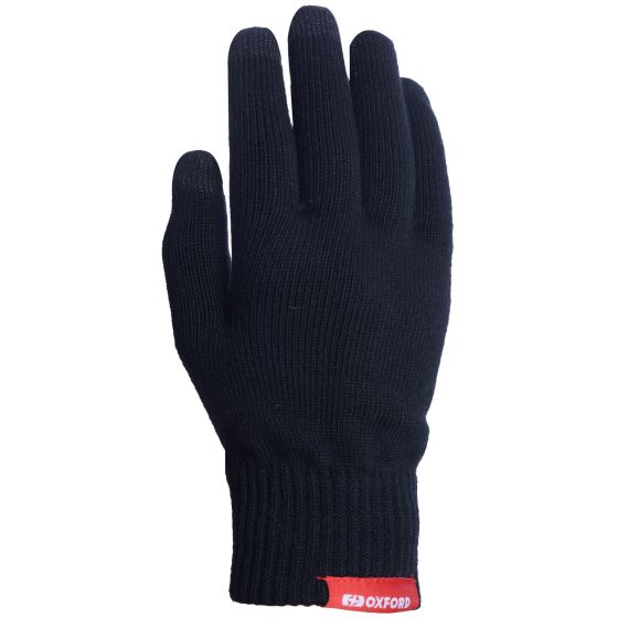Black Thermolite inner gloves with a ribbed cuff and a red Oxford logo tag at the wrist, designed for warmth and comfort.