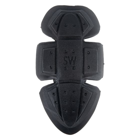 Black Oxford Level 1 knee protector made of durable material, featuring a contoured design with raised areas for impact absorption and ventilation holes for breathability.