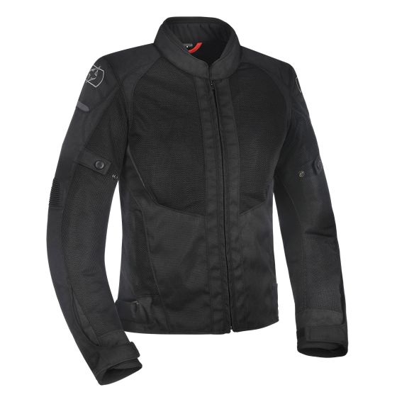 Stealth black Oxford Iota 1.0 Air ladies motorcycle jacket features a mesh design, zip front, and padded shoulders for enhanced protection and comfort.