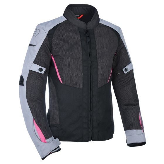 Black and grey mesh motorcycle jacket for ladies, featuring pink accents, a zip front, and adjustable cuffs for a stylish and functional design.