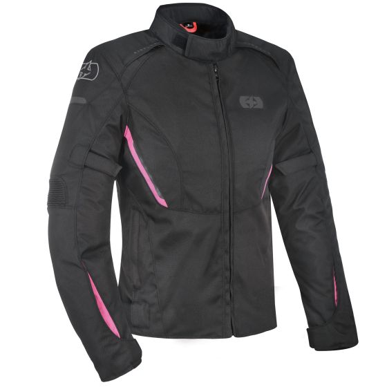 Black motorcycle jacket with pink accents, featuring a high collar, zip front, padded shoulders, and elbow protection, designed for ladies by Oxford.