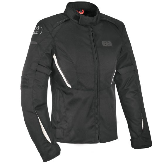 Black and white Oxford Iota 1.0 ladies motorcycle jacket featuring a sleek design, zip closure, padded shoulders, and reflective accents for visibility.