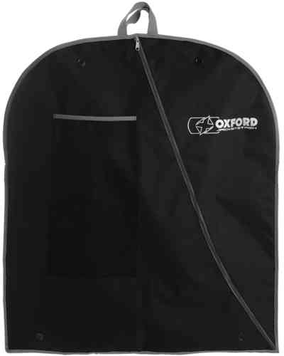 Black padded jacket carrier with a zip closure, featuring a front pocket and a grey logo, designed for easy transport and protection of jackets.