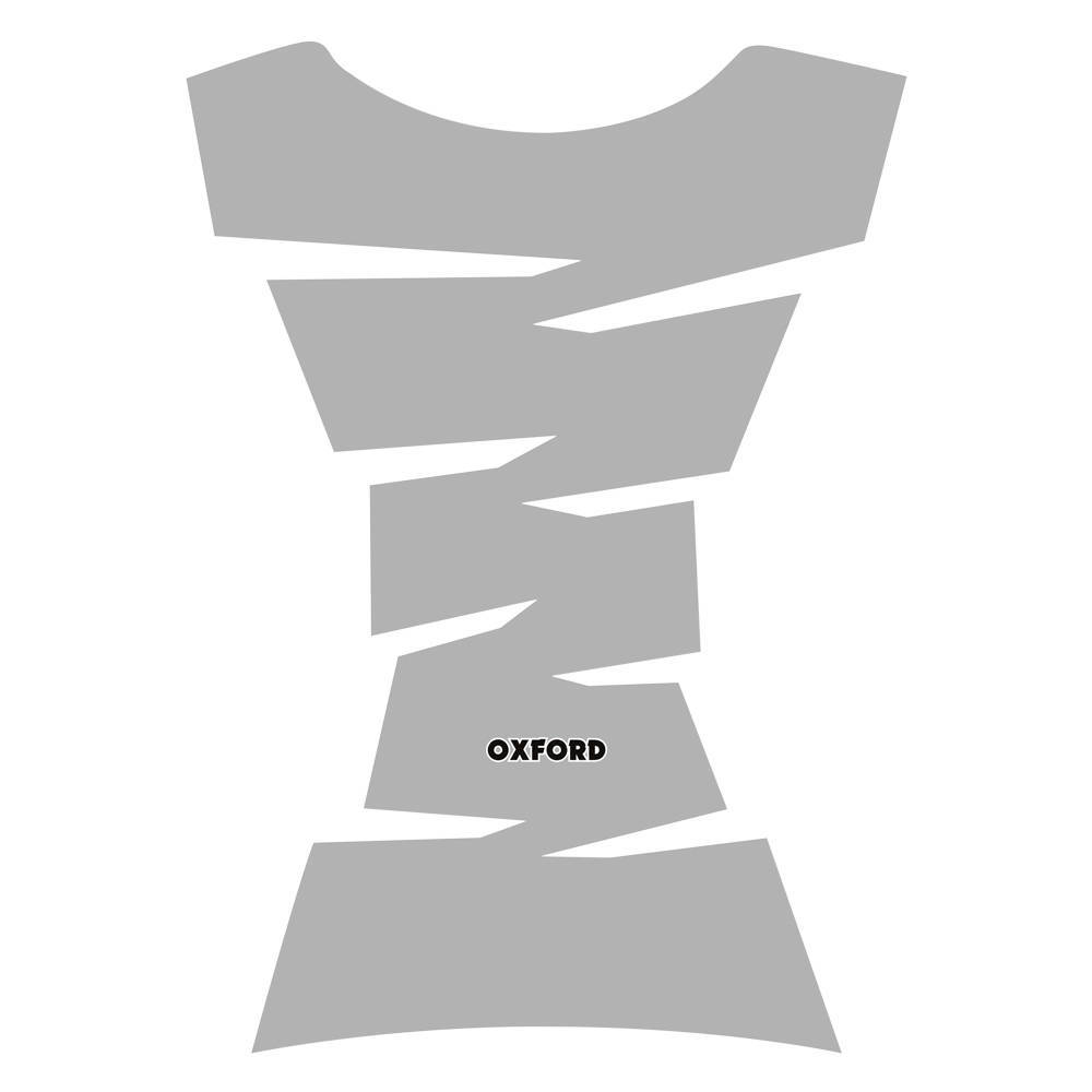 Silver vinyl tank pad with a jagged design, featuring the word "OXFORD" in bold black letters at the center, designed to protect motorcycle tanks.
