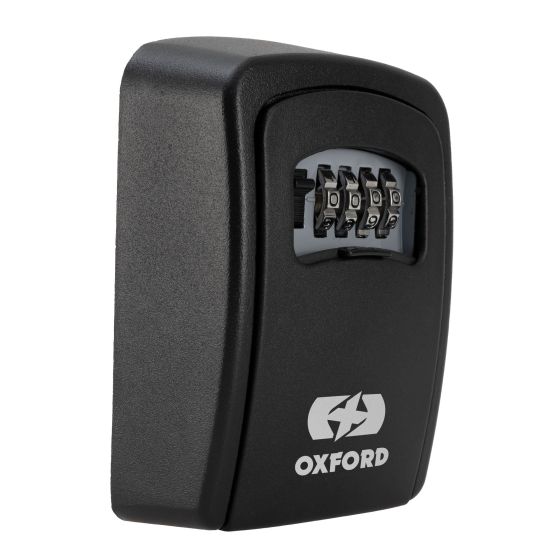 Black metal key safe with a four-digit combination lock and the Oxford logo, designed for secure key storage and wall mounting.