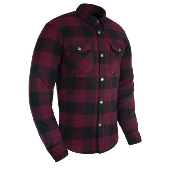 Red and black checkered flannel motorcycle shirt with long sleeves, two chest pockets, and snap button closure, designed for comfort and style.