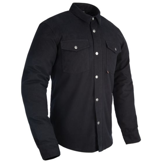 Black Oxford Kickback 2.0 motorcycle shirt in size S, featuring a button-up front, two chest pockets, and a durable fabric suitable for riding.