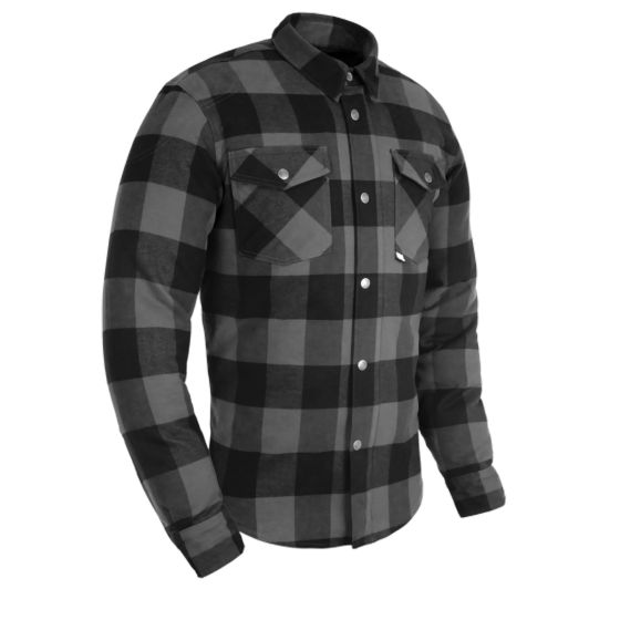 Grey and black checkered Oxford Kickback 2.0 motorcycle shirt featuring a button-up front, two chest pockets, and long sleeves, made from durable material for riding.