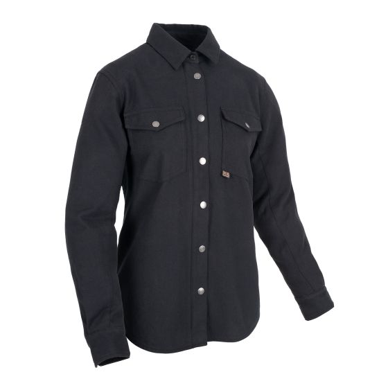 Black Oxford Kickback 2.0 ladies motorcycle shirt featuring a button-up front, two chest pockets, and a classic collar, made from durable fabric for protection and style.