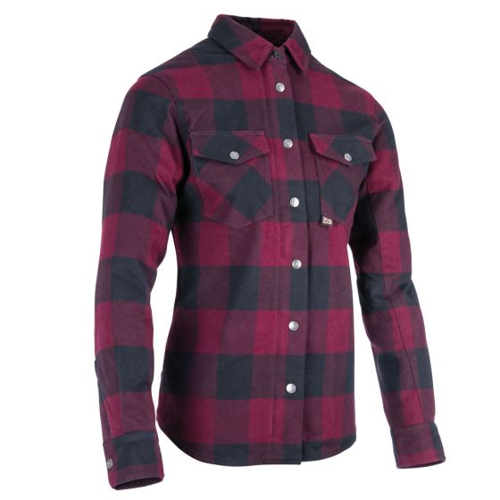Red and black checkered flannel motorcycle shirt with long sleeves, button-up front, two chest pockets, and a relaxed fit, designed for ladies by Oxford.