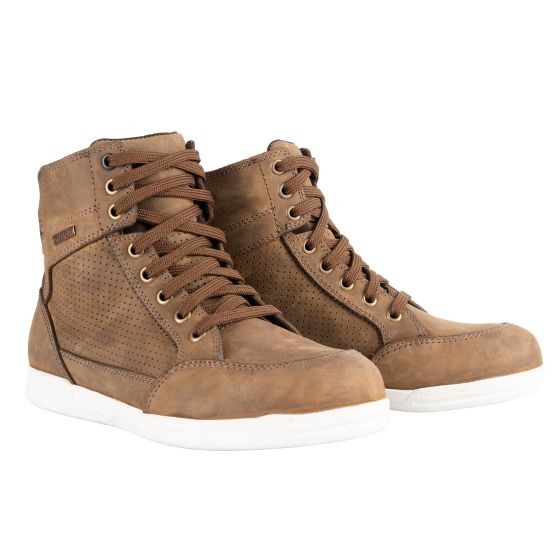 Brown leather Oxford Kickback Air ladies summer boots featuring perforated detailing, round toe, and white rubber sole, designed for comfort and style.