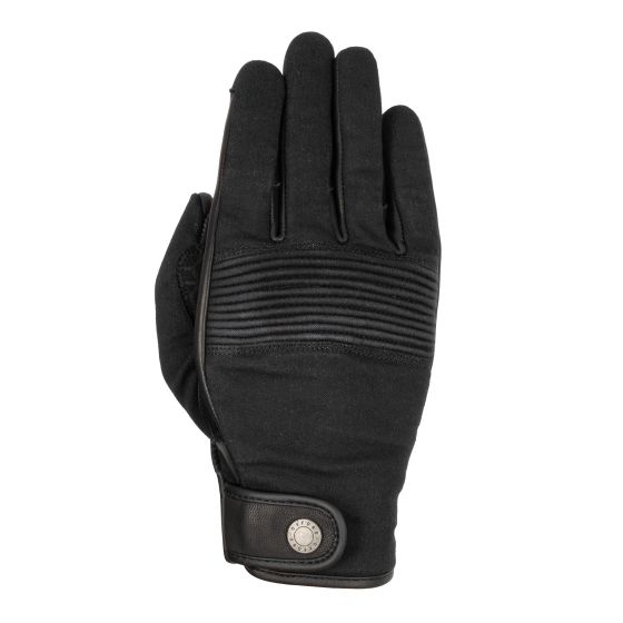 Black Oxford Kickback motorcycle gloves made from durable fabric, featuring ribbed detailing on the back, a secure wrist strap, and a stylish metal snap button.