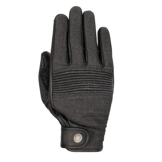 Charcoal grey motorcycle gloves made from a blend of textile and leather, featuring a textured palm, padded knuckles, and a snap closure for secure fit.
