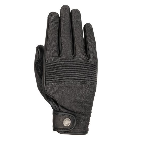 Charcoal grey motorcycle gloves for ladies, featuring a combination of durable fabric and leather, with ribbed detailing on the back and a secure wrist strap.