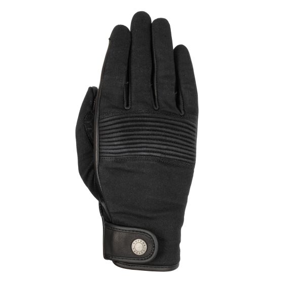 Black Oxford Kickback Ladies Motorcycle Gloves in size XL, featuring a sleek design, ribbed detailing on the back, and a secure wrist closure for comfort and protection.
