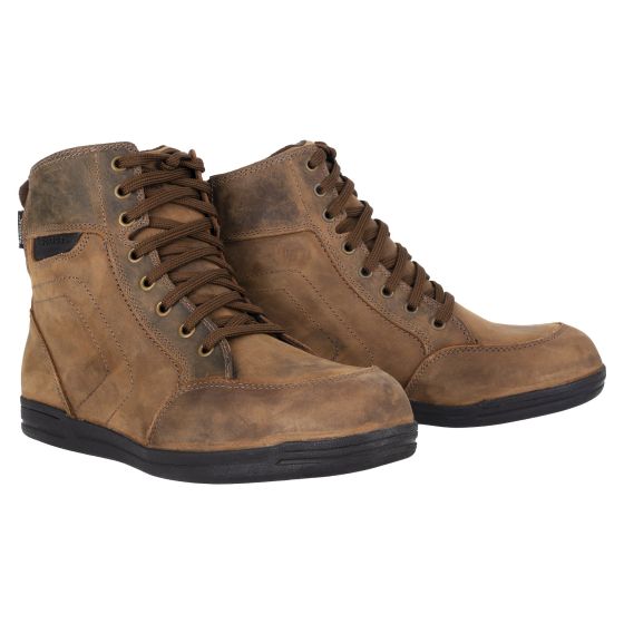 Brown leather motorcycle boots with a lace-up front, padded collar, and sturdy rubber sole, designed for ladies in size 36 (UK 3) by Oxford.