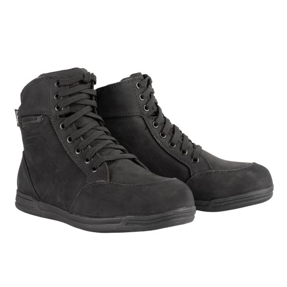Black leather motorcycle boots with a mid-calf design, featuring lace-up front, padded collar, and rubber sole for comfort and grip.