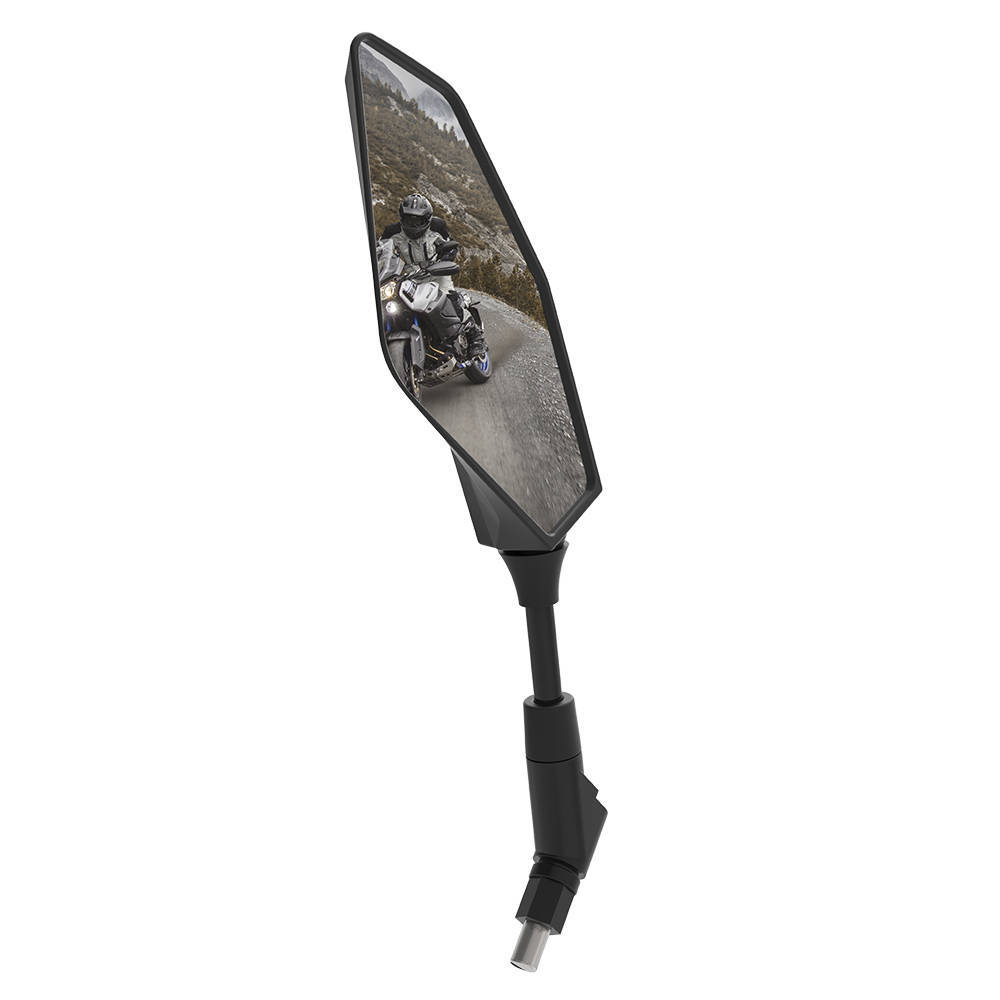 Black hexagonal motorcycle mirror with a sleek design, featuring a reflective surface that shows a rider on a motorcycle against a scenic backdrop.