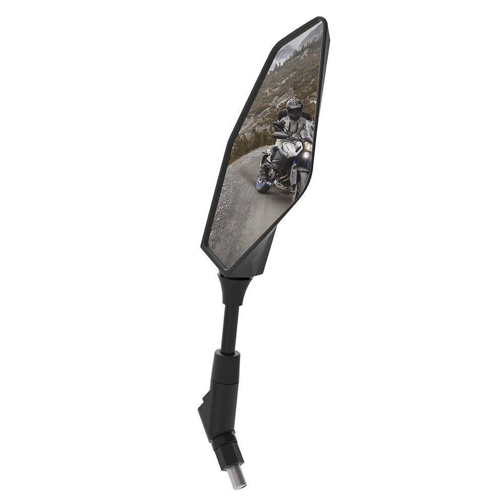 Black OXFORD OX156 mirror with a sleek, angular design, featuring a reflective surface and an adjustable arm, ideal for motorcycle use.