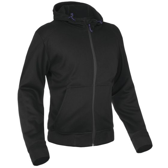 Black textile jacket for women featuring a zip front, adjustable hood with purple accents, and a fitted design, size 40.