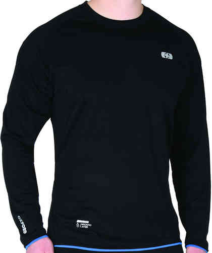 Black long-sleeve base layer top made from cool dry wicking material, featuring a logo on the chest and a blue accent at the hem.