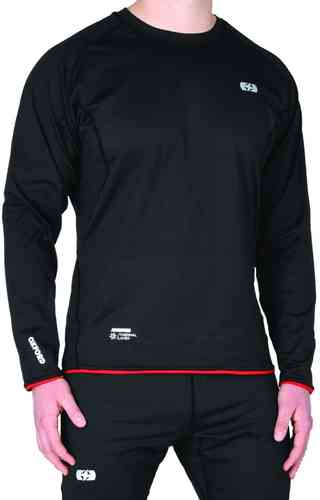 Black long sleeve top made from moisture-wicking material, featuring a red trim and the Oxford logo on the chest and sleeve, designed for warmth and comfort.