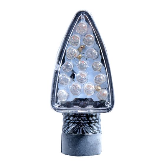 Clear plastic arrow-shaped LED indicator with multiple bright bulbs, mounted on a black textured base, designed for visibility and signaling on vehicles.
