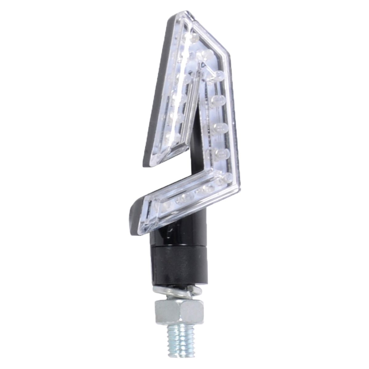 Oxford LED Signal 4 motorcycle indicator features a sleek black base with a clear, angular LED light design, showcasing multiple bright white lights for visibility.