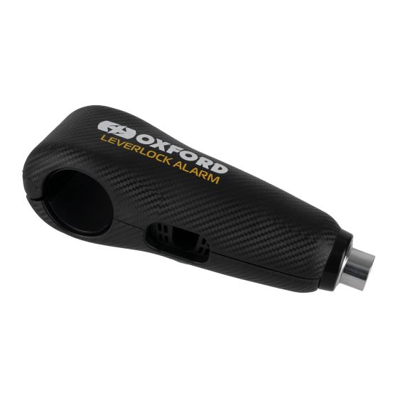 Black carbon fiber handlebar lock with an integrated alarm, featuring the "OXFORD" logo in yellow, designed for secure bike locking.
