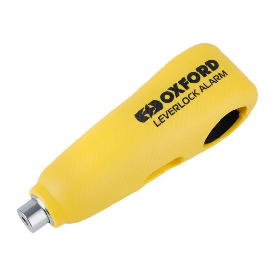 Bright yellow Oxford LeverLock handlebar lock features a textured grip, metal locking mechanism, and integrated alarm system for added security.