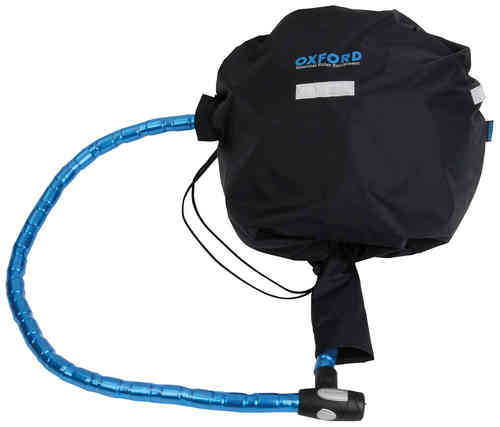 Black Oxford Lid Locker with reflective strips, featuring a blue coiled cable lock for helmet theft protection, designed for durability and security.