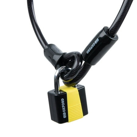 Black cable lock with a sturdy yellow and black padlock, featuring a loop design for secure fastening, ideal for bicycles and outdoor equipment.