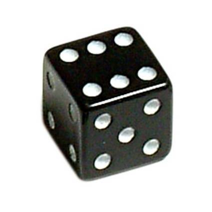 Black dice-shaped valve caps with white dots, designed to resemble traditional dice, made from durable material for a stylish and playful touch on vehicle tires.